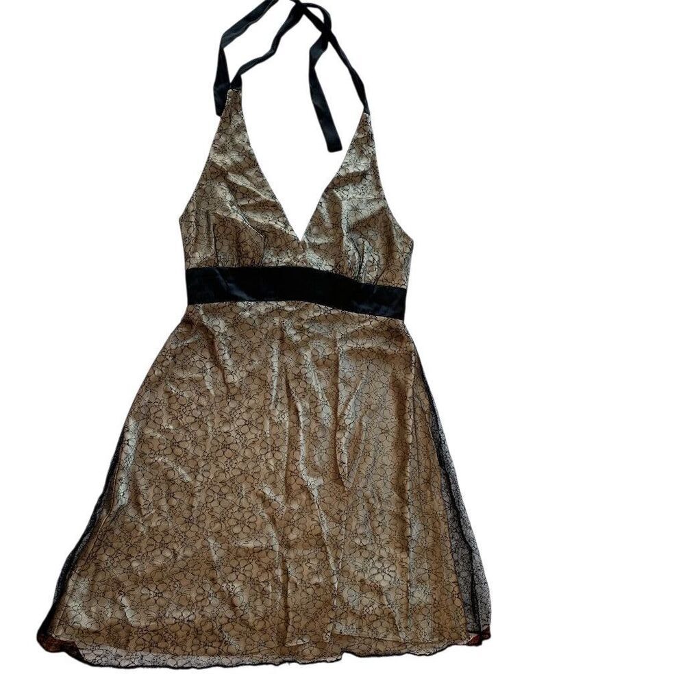 Vintage Floral Lace Halter Mini Dress‎ Brown Size 12 Coquette Y2K